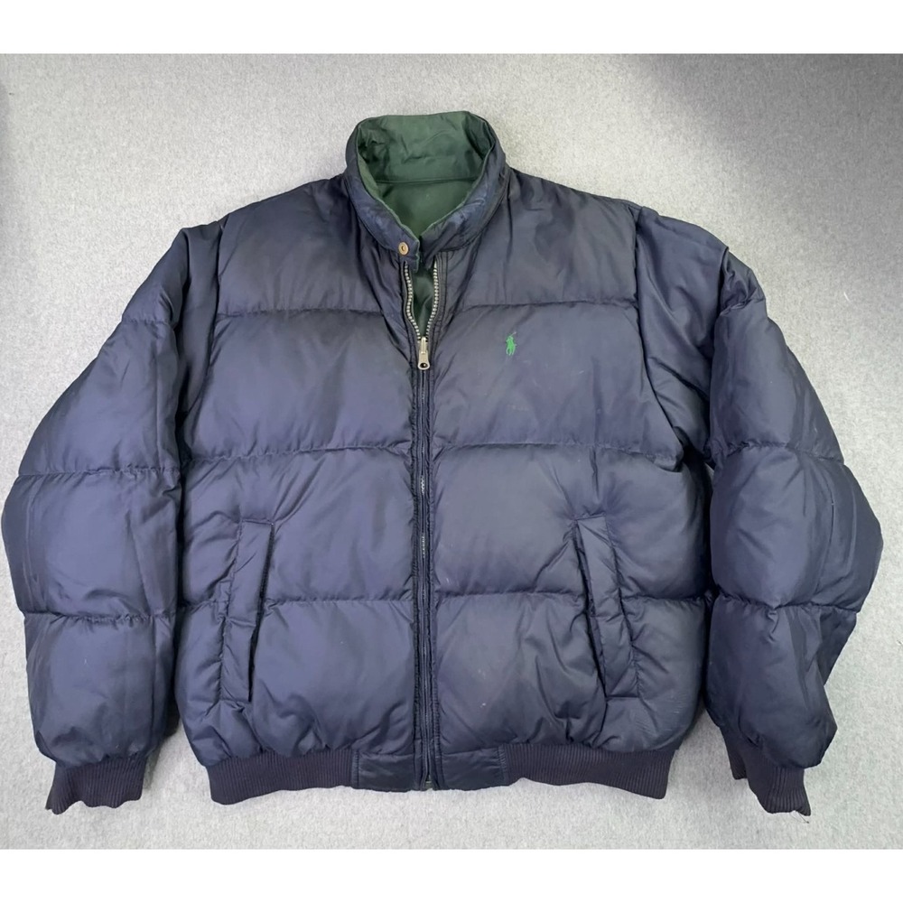 VTG 90s Polo Ralph Lauren Reversible Down Puffer Coat Men's M Green Navy Pony‎